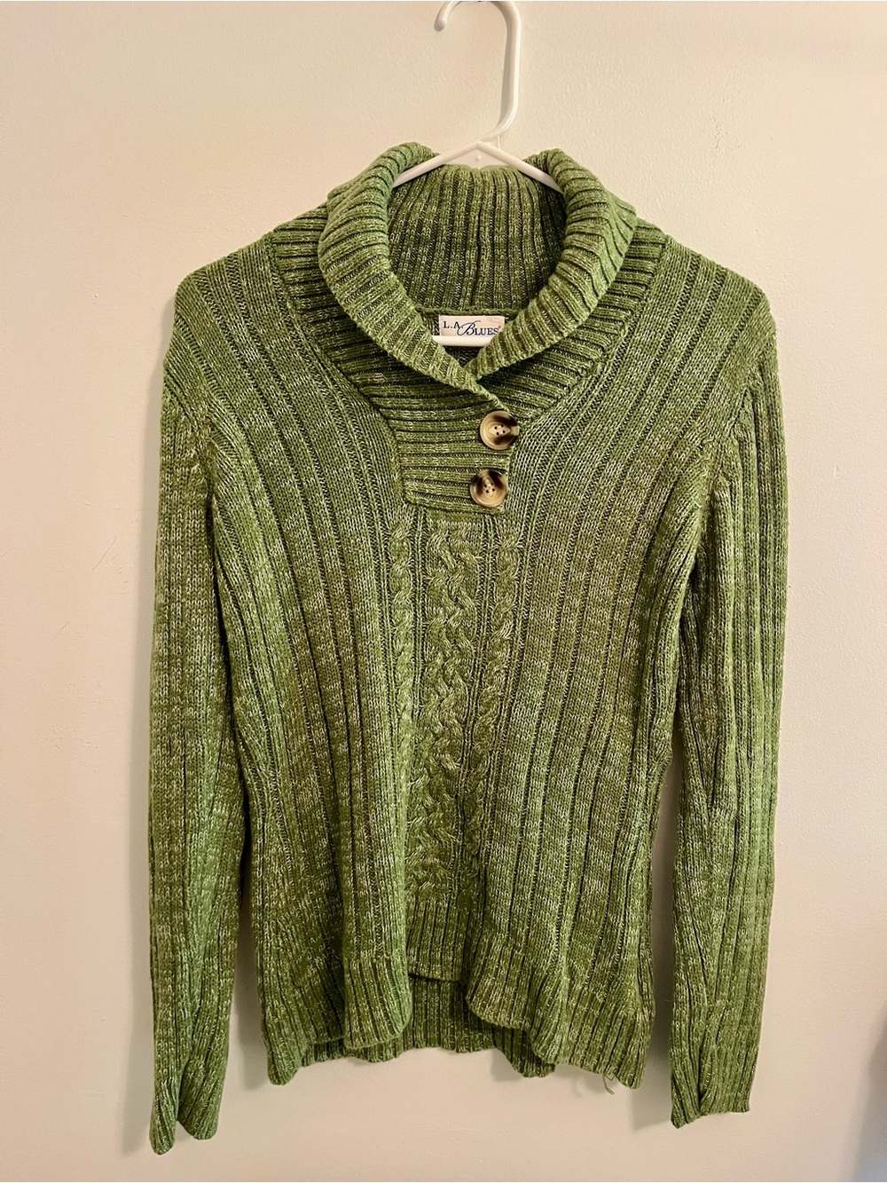 L.A. Blues Green Ribbed Cable Turtleneck Sweater with Button Detail